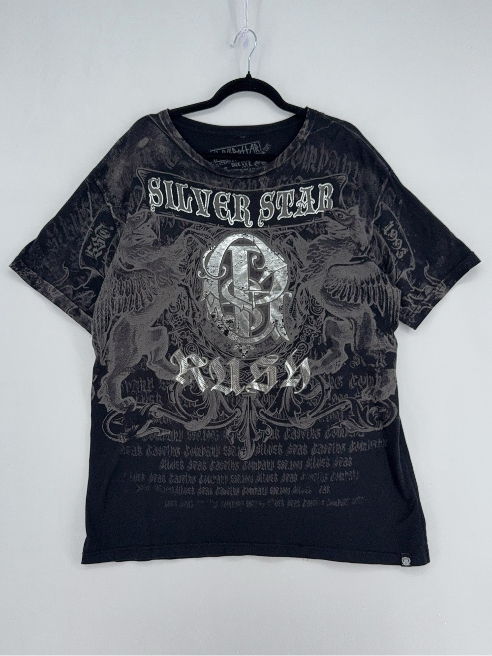 Y2K Silver Star Affliction Style Grunge T-shirt Mens Size XXL Black 2000s Cyber
